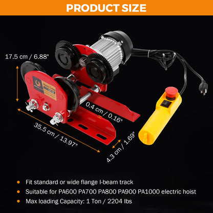 BEAMNOVA 1 Ton 2204 LBS Electric Trolley for Power Hoist, Fit 2.68-4.33 in I-Beam, for PA600 PA700 PA800 PA900 PA1000 Hoists Push Geared Overhead Heavy Duty Wheels Wide Flange