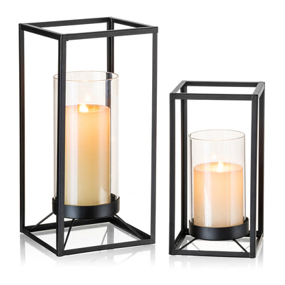Staymoment Black Lantern Decorative Indoor Set of 2: Glass Metal Hurricane Candle Holder Modern Farmhouse Lanterns Decor Outdoor for Table Centerpiece Fireplace Wedding