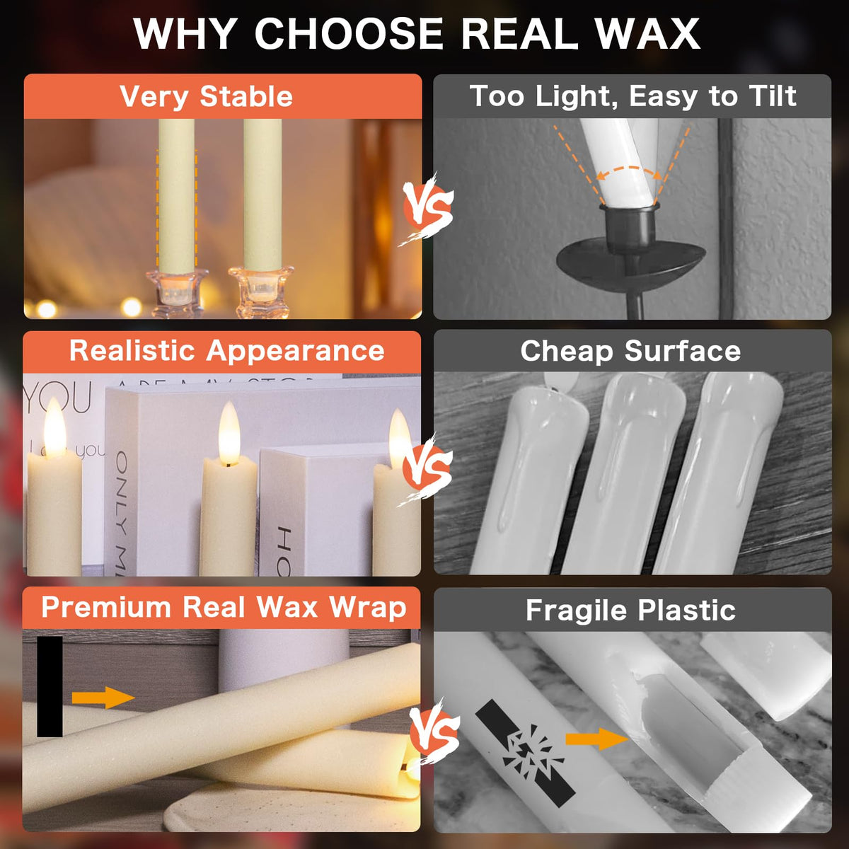 Upgraded Real Wax LED Flameless Taper Candles with Remote, KSWING 6 PCS Ivory Candle Sticks Battery Operated 3D Flickering - 9.6" Long Realistic Fake Candlesticks for Home/Wedding/Fireplace Xmas Decor