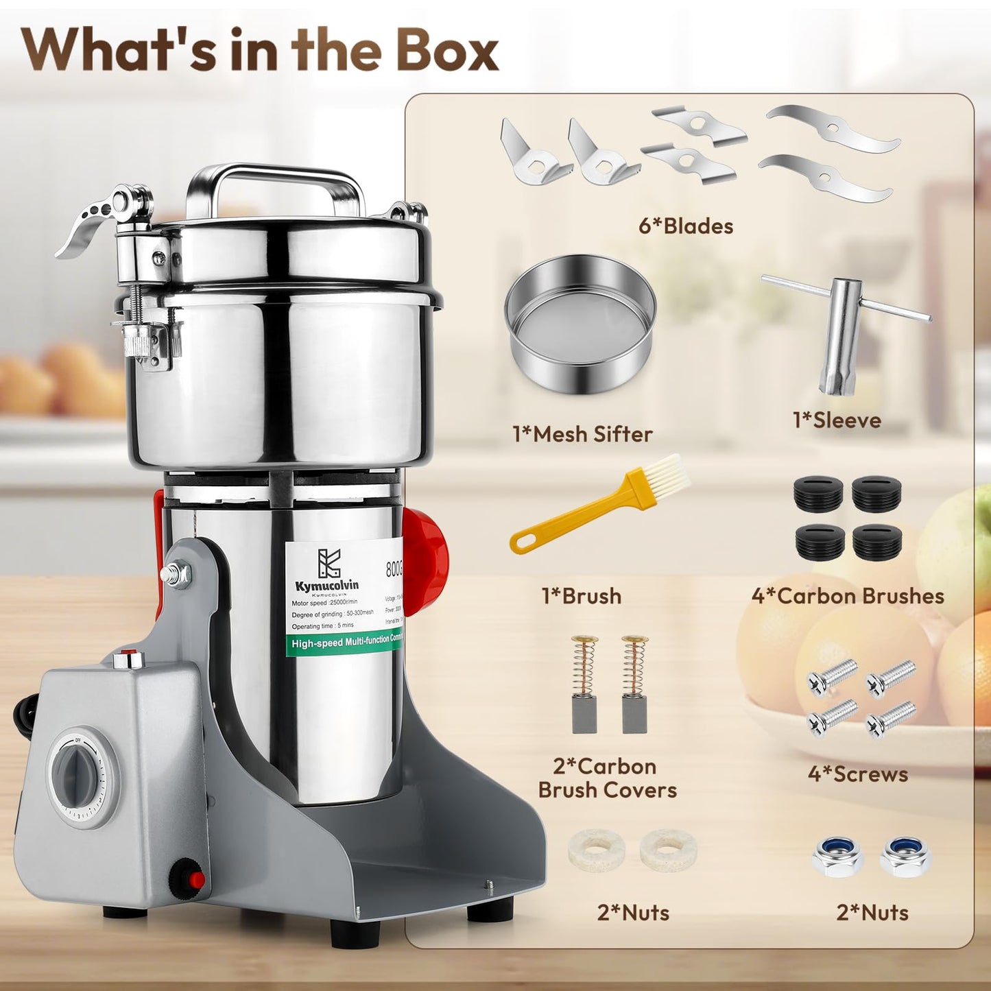 Kymucolvin Electric Grain Mill Grinder-1000g 110V 3500W Performance Grain Mill,Suitable For Kitchen, Household,Commercial Use of Crushing Dry Grains,Spices,Herbs,Coffee,Corn,Pepper Grinder. (1000g)