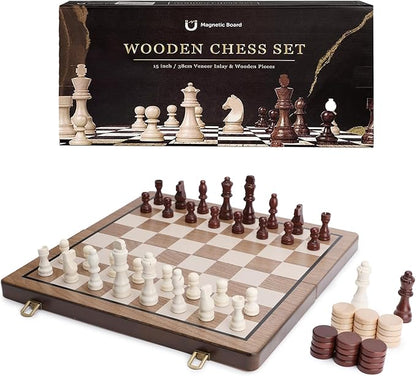 15 Inch Magnetic Wooden Chess Set with Folding Board and Chess Piece Storage Slot Handmade Portable Travel Chess Game Sets for Kids Adults Beginner and Pros Carry Bag 2 Extra Queens