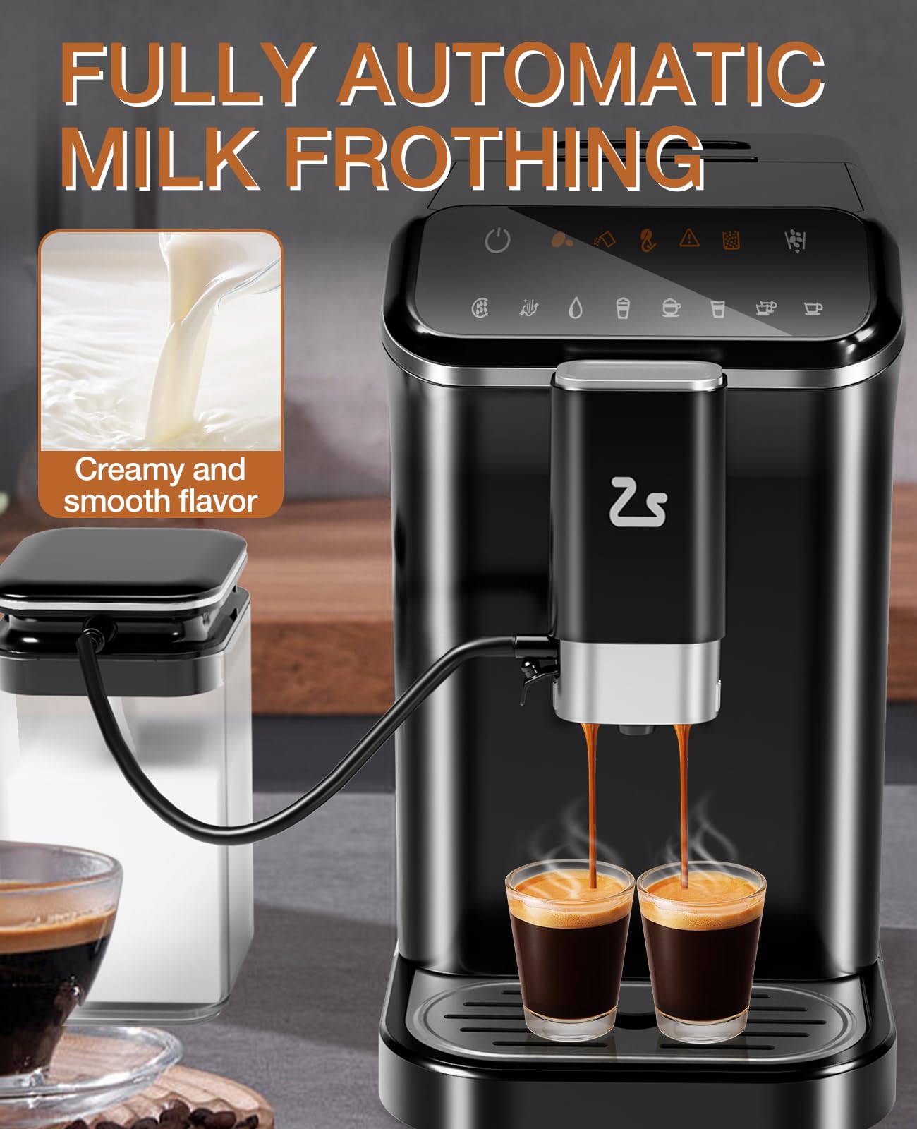 Super Automatic Espresso Machine & Coffee Maker, 20Bar Pressure, Built-in Conical Burr Grinder & Milk Frother, 6 One-Touch Recipes, Auto Clean, 1.5l Water Tank, for Home Office, 120v, Black&Silver