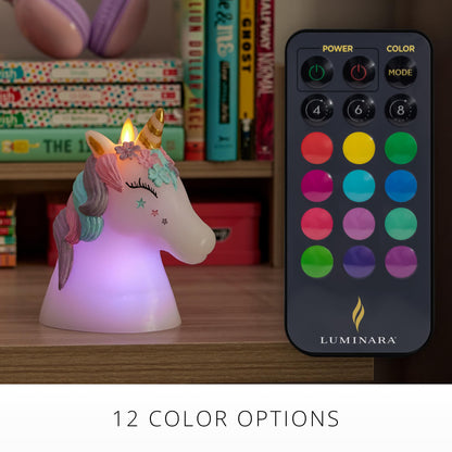 Luminara Flameless Unicorn Figural Color Changing LED Candle, 6.3" x 6.7", Battery Operated w/ 18 Button Remote Control, Real Wax, Unscented Safe