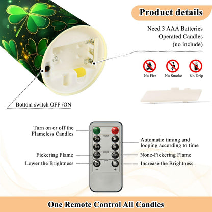 St. Patrick's Day Flameless Candles Set of 2 Clover Pattern C Realistic LED Candles with Remote Battery Operated Holiday Decorations