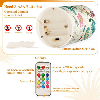 Beautiful Spring Flowers Butterflies Hummingbirds Flickering Flameless Candles Battery Operated with Remote Timer,Tea Light Candles LED Pillar Votive Candles set of 2 for Outdoor Indoor Decorations