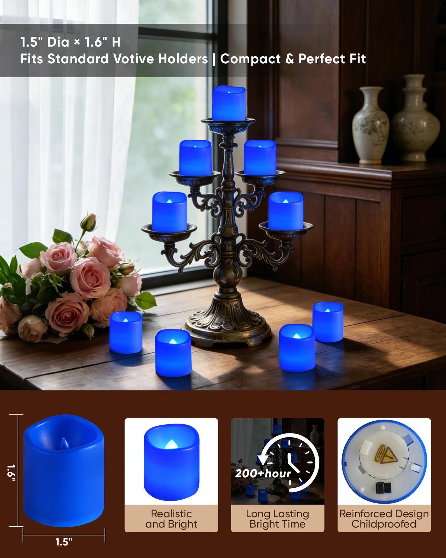 Homemory 24Pack Blue Flickering Flameless Votive Candles, 200+Hour Electric Fake Candles, Battery Operated LED Tealight for Wedding, Outdoor, Table, Festival (Warm White,Battery Included)