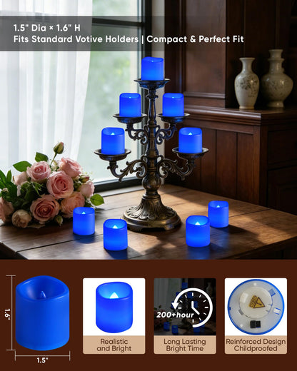 Homemory 24Pack Blue Flickering Flameless Votive Candles, 200+Hour Electric Fake Candles, Battery Operated LED Tealight for Wedding, Outdoor, Table, Festival (Warm White,Battery Included)
