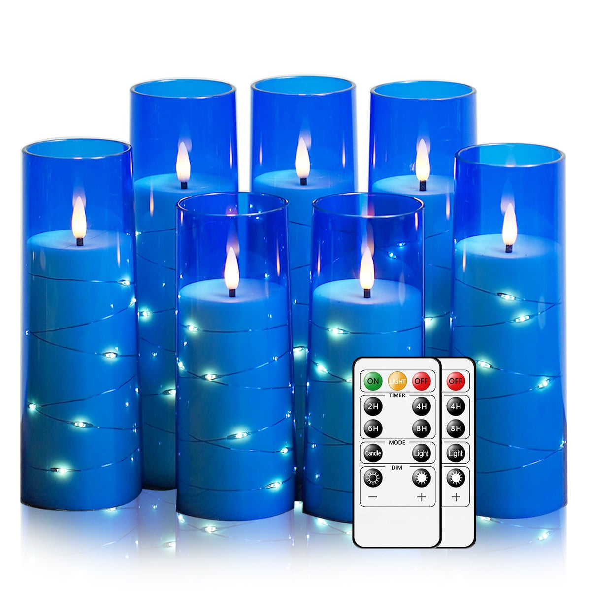 Eebuss Flameless Candles with Embedded Star String, Battery Operated LED Pillar Candles with Timer and Remote Control,Home Decorating for Ambiance， Set of 7 (Blue)
