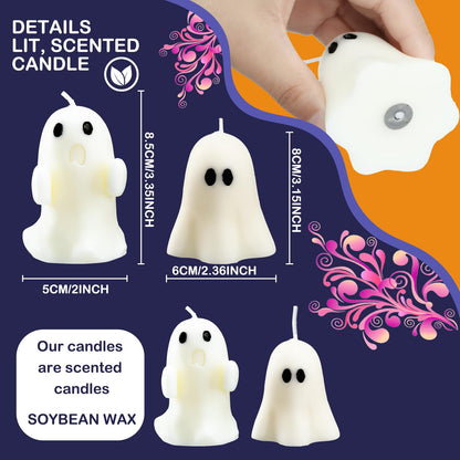 Minatee 4 Pieces Large Halloween Ghost Candles Cute Spooky Fall Decor Burning White Scented Wax Candles Gifts for Boo Basket Stuffers Halloween Room Table Indoor Decorations, 2 Style