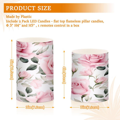 ALAZA Pink Rose Flowers Flickering Flameless Candles Battery Operated with Remote Timer,Tea Light Candles LED Pillar Votive Candles Set of 2 for Outdoor Indoor Decorations