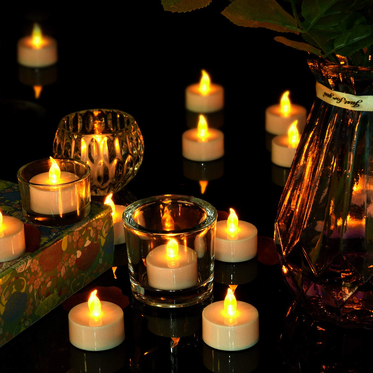 Pandaing Lasts 2X Longer Flameless Tealight Candles [50 Pack, Batteries Included], Realistic Tea Lights Candles, Flickering Bright Tealights, Battery Operated Unscented Candles