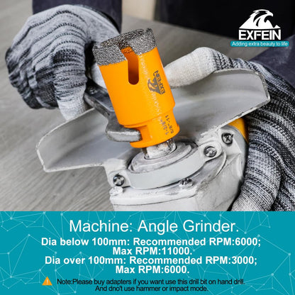 EXFEIN Tile Hole Saw Kit 13pcs - 6/6/8/19/25/35/50/75/102mm Diamond Core Drill Bits, 4/5 Inch Milling Bit + 2 Inch Chamfer Bit + Adapter + 4.5 Inch Grinding & Cutting Disc for Tile Marble Granite