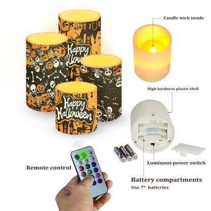 Merkmak 5.7" x 3" Battery Operated Flameless Candles with Timer Happy Halloween Skeleton LED Candles with Remote for Outdoor Indoor Decoration Electric 4Pcs Plastic Pillar Lights Bulk