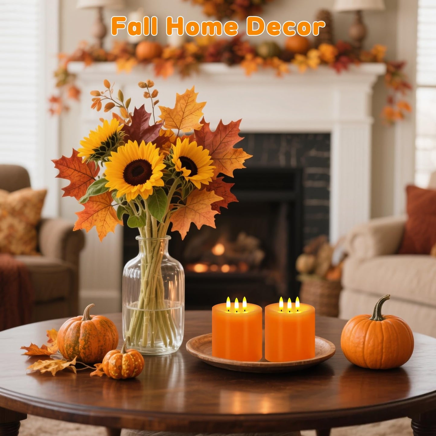 Large 3 Wick Flameless Candles, 4"x4" Flickering LED Candles with Remote & Timer, Dimmable Real Wax Pillar Candles Battery Operated, Orange Candles for Fall Thanksgiving Halloween Decor (Orange)