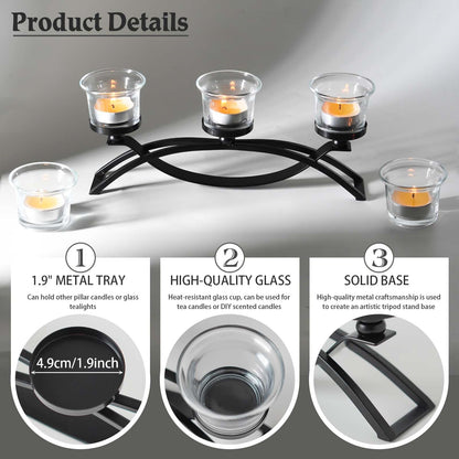 3-Arm Metal Tea Light Candle Holder Set with 5 Glass Cups, Votive Candle Holders Centerpiece Candelabra for Wedding Table Decor, Home Gatherings and Holidays (Black, 5 Cups)