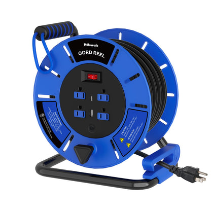 WILAWELS Extension Cord Storage Reel with 4-Grounded Outlets and 80 FT Retractable Extension Cord Reel Bundle, for Indoor Outdoor Use J95CR06-U80ACR06