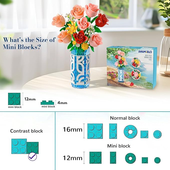 14 Flowers Bouquet Building Set with Vase and LED Light Easter Gifts for Family Friends 747 PCS Mini Roses Flower Building Blocks Toy Artificial Roses Flowers Home Decor &amp Display