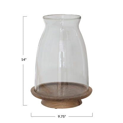 Creative Co-Op Glass Hurricane Candleholder with Mango Wood Base, Natural & Clear