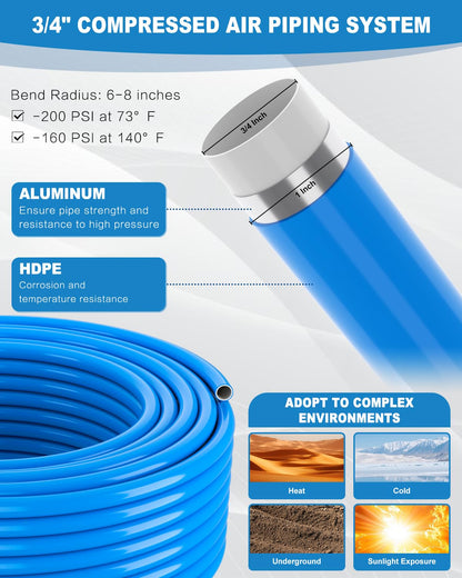 MOLAVIEE Compressed Air Line Kit, 3/4 Inch ID x 100FT HDPE-Aluminum Compressed Air Piping System, Garage Air Compressor Line Kit Accessories for Shop | 200 PSI | 90PCS