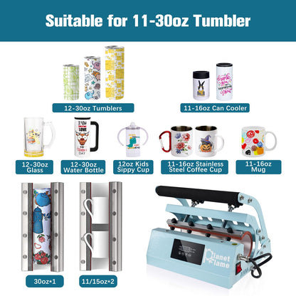 PlanetFlame Tumbler and Hat Heat Press Machine, 2-in-1 Combo Machine for Cup and Cap with Gloves and High Temp Heat Resistant Tape for 11oz-30oz Sublimation Tumbler and All Caps, Blue