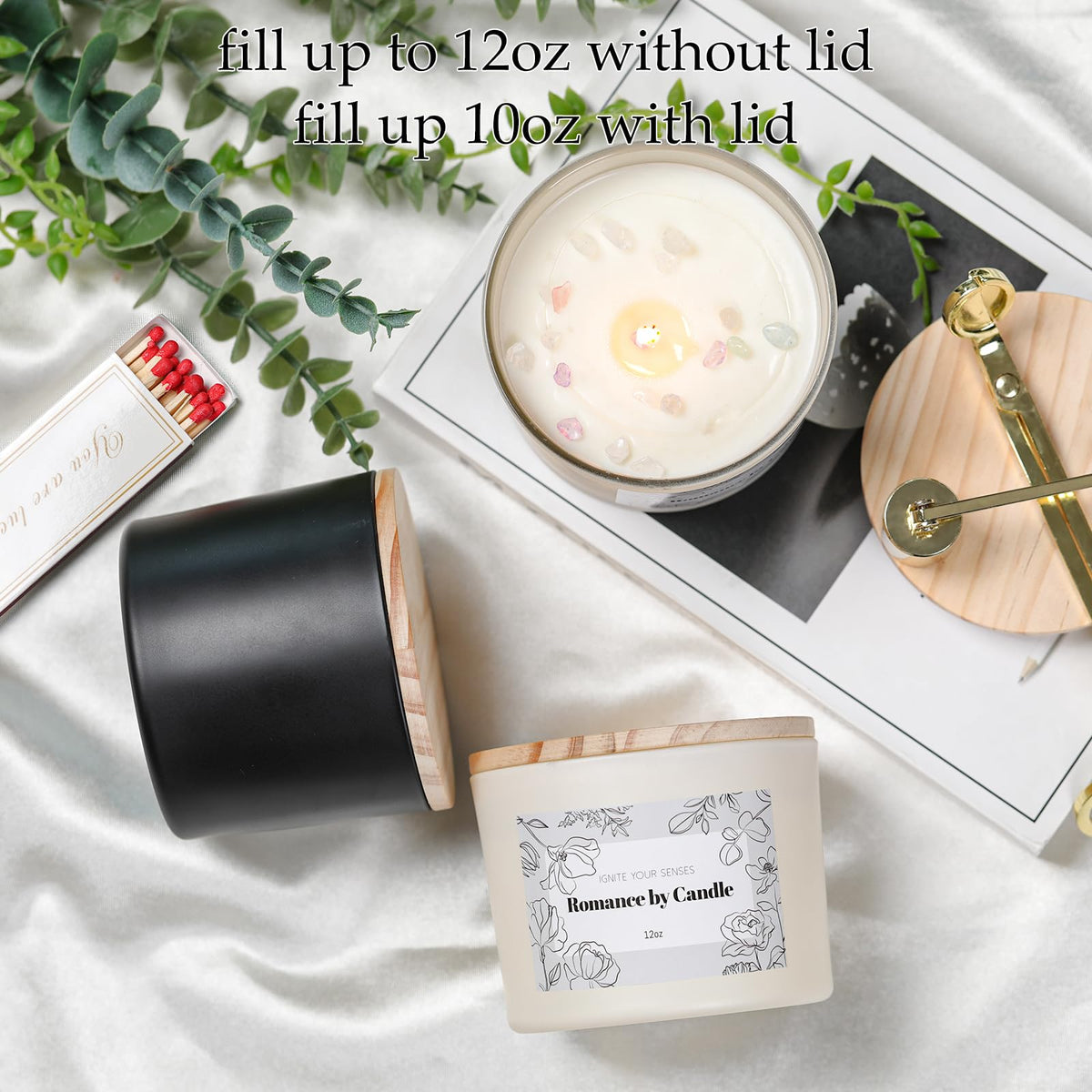 6Pcs Assorted Black and White Candle Jars for Making Candles, 12oz Empty Candle Jars with Bamboo Lids,Labels and 100g Crystal Rocks, Glass Jars for Candle Making, Candle Containers for DIY Gifts
