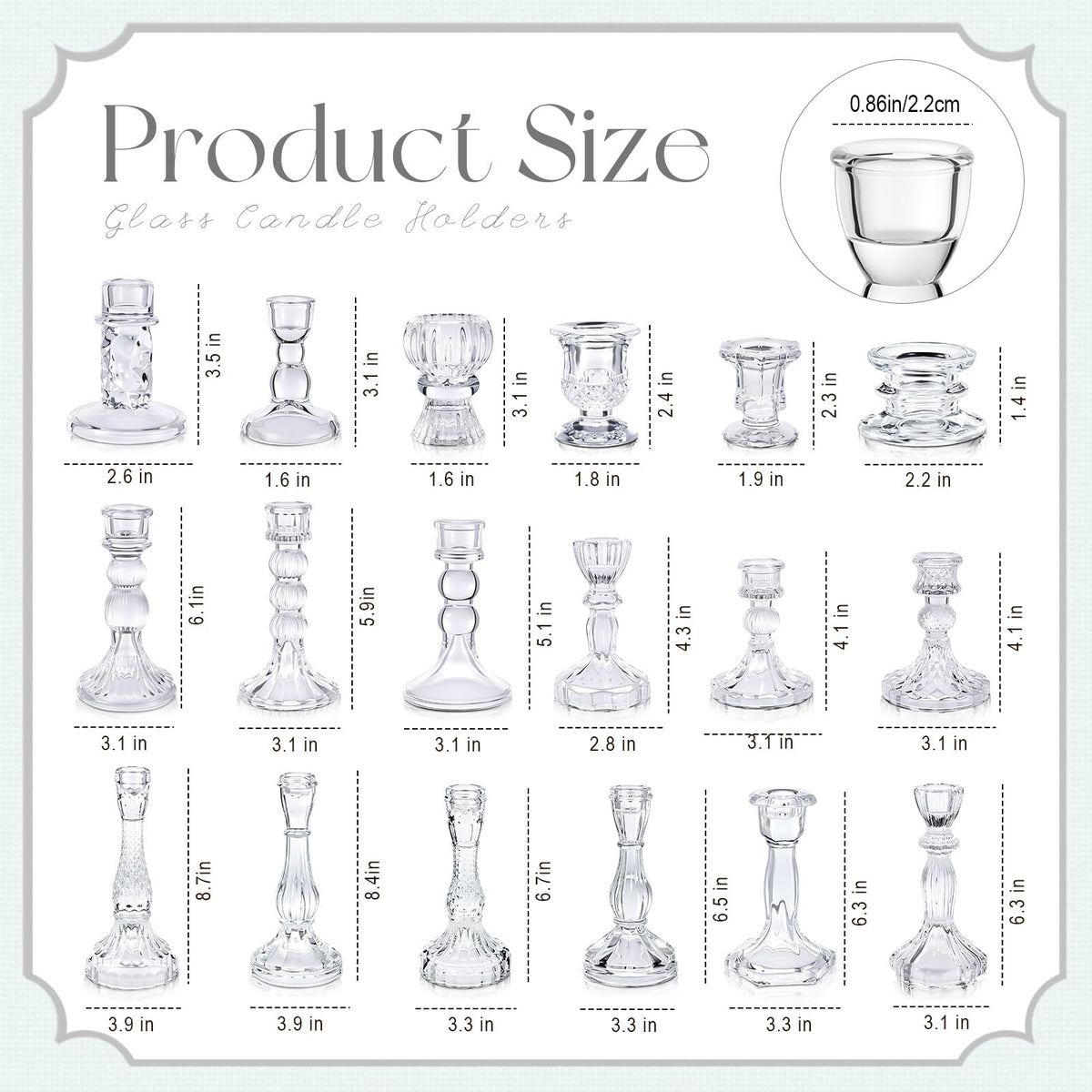 Mumufy 18 Pcs Glass Crystal Taper Candle Holders Clear Glass Candlestick Holder Fit 0.8 Inch Candles Crystal Decorative Candlestick Stand Centerpiece for Table Wedding Dining Party