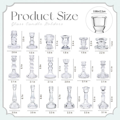 Mumufy 18 Pcs Glass Crystal Taper Candle Holders Clear Glass Candlestick Holder Fit 0.8 Inch Candles Crystal Decorative Candlestick Stand Centerpiece for Table Wedding Dining Party