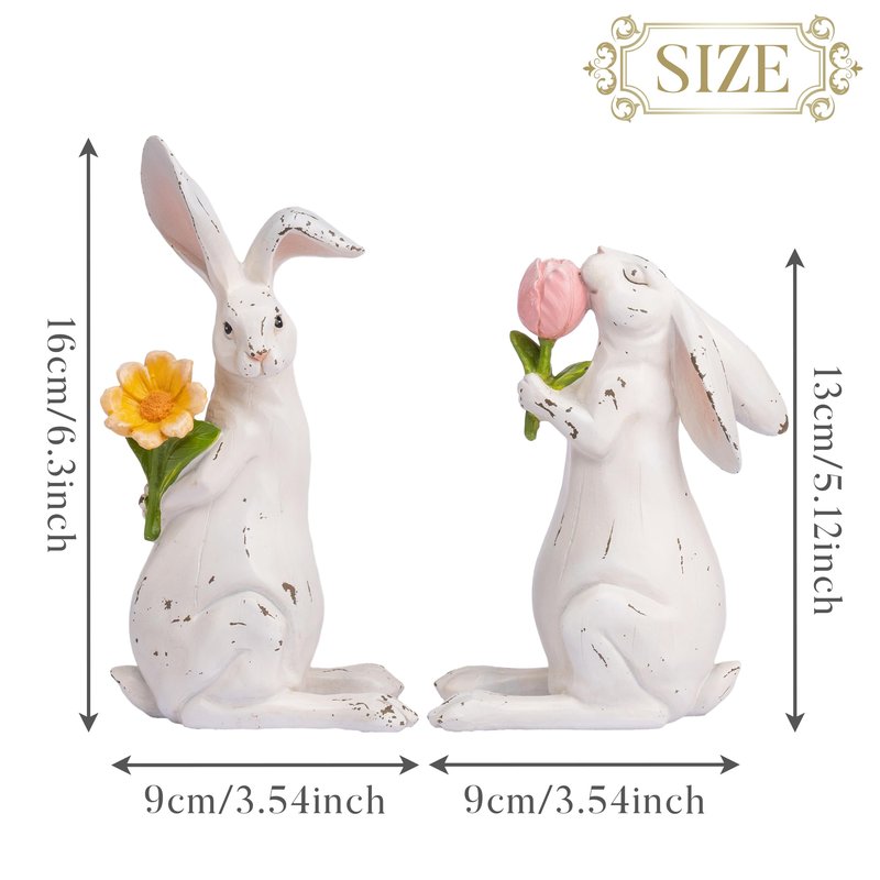 Valery Madelyn Easter Bunny Decorations for Home, Medium White Couple Rabbits Figurine Tabletop Decor, 2Pcs Cute Easter Gifts Resin Statues for Spring Holiday Indoor Party Table Centerpieces, 6"