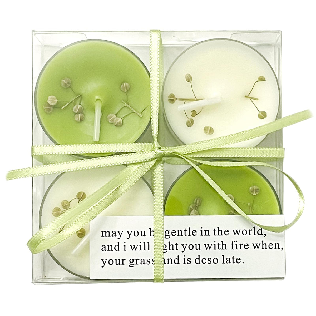 English Pear & Freesia Scented Tea Lights, 4-Pack White & Green Beeswax Soy Wax Tealight Candles with Dried Flower Decoration, Long-Lasting, Ideal for Relaxation, Spa, and Gifts