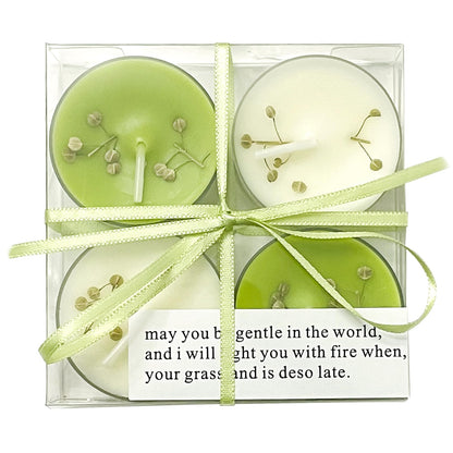 English Pear & Freesia Scented Tea Lights, 4-Pack White & Green Beeswax Soy Wax Tealight Candles with Dried Flower Decoration, Long-Lasting, Ideal for Relaxation, Spa, and Gifts