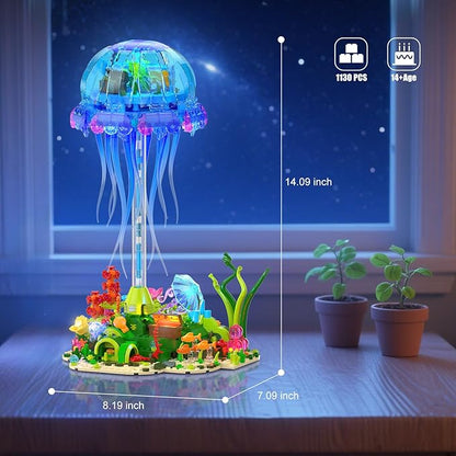 Jellyfish Building Set with LED Lights Floating Jellyfish Lamp for Home Decor Ocean Animal Collection Model with Coral &amp Seaweed Creative Display Gift for Adults Teens 14+