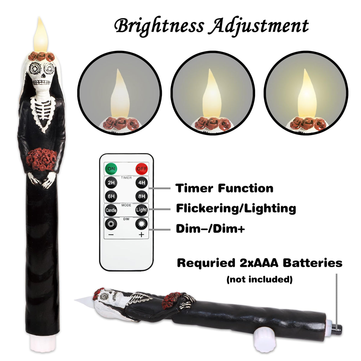 Black Flameless Taper Candles with Remote Battery Operated CandleSticks Flickering Light Set of 2 Real Wax Handmade Skeleton Couple LED Window Candles for Halloween Horror Party Gothic Wedding Decor