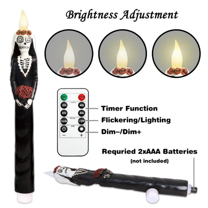 Black Flameless Taper Candles with Remote Battery Operated CandleSticks Flickering Light Set of 2 Real Wax Handmade Skeleton Couple LED Window Candles for Halloween Horror Party Gothic Wedding Decor