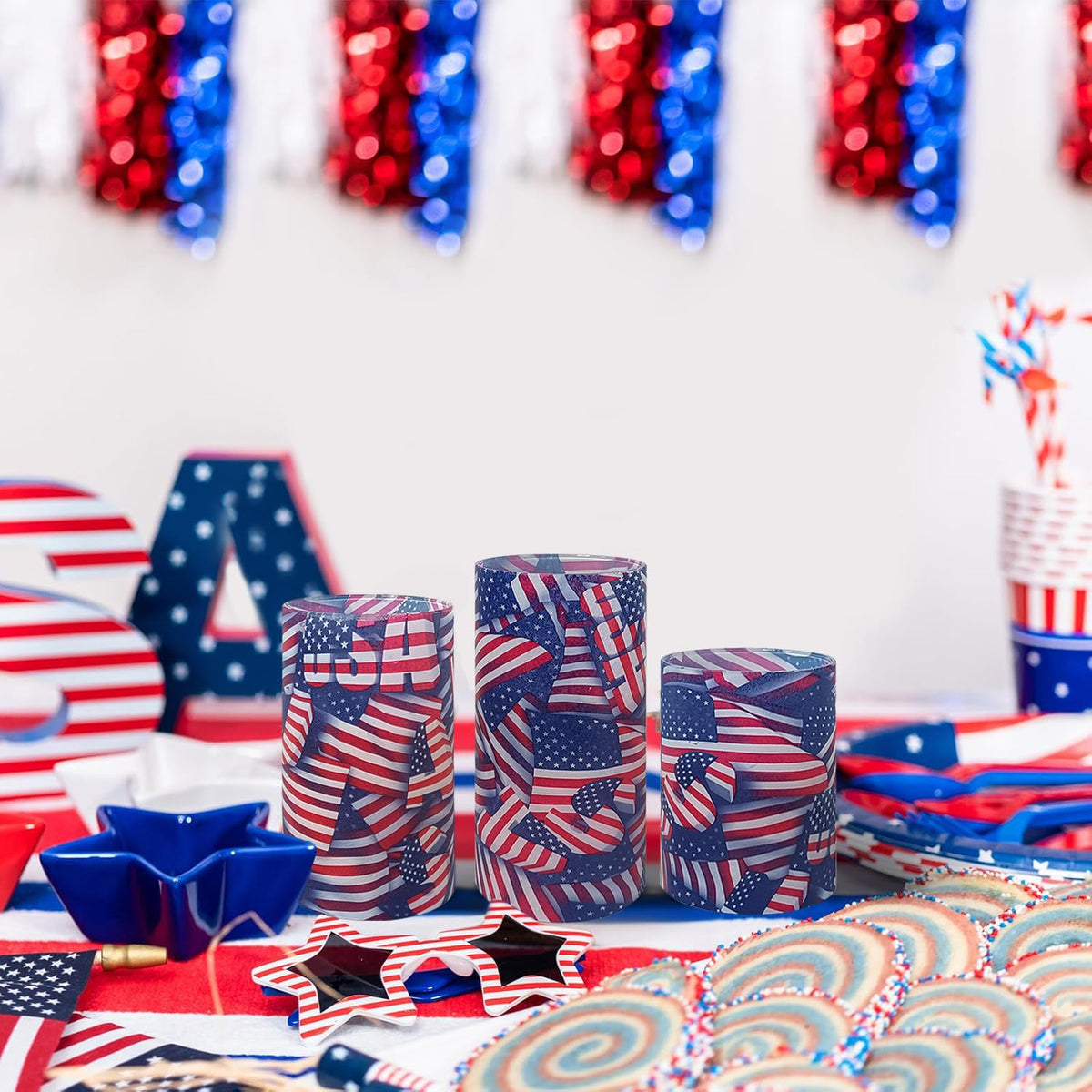 NJAO HOO Patriotic American Flag Flameless LED Battery Operated Pillar Candles with Remote Control and Timer, 4th of July Candles for Home Decor Set of 3