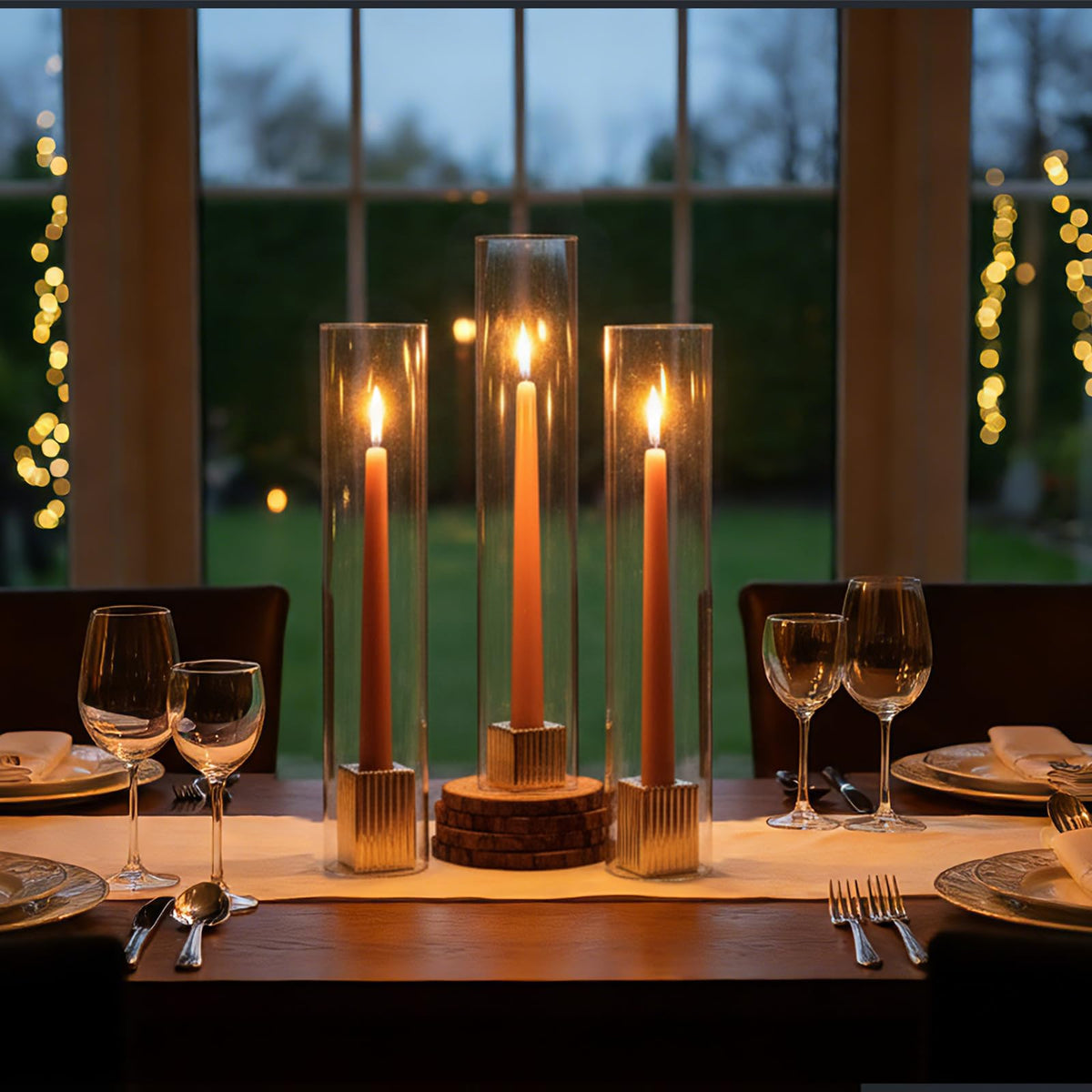 LETINE 14" Tall Hurricane Candle Holders with Gold Ribbed Taper Candle Holders Set of 9– Bulk Windproof Taper Candle Hurricane Glass for Outdoor&Indoors Wedding Centerpiece, Event & Home Decor