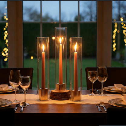 LETINE 14" Tall Hurricane Candle Holders with Gold Ribbed Taper Candle Holders Set of 3– Bulk Windproof Taper Candle Hurricane Glass for Outdoor&Indoors Wedding Centerpiece, Event & Home Decor