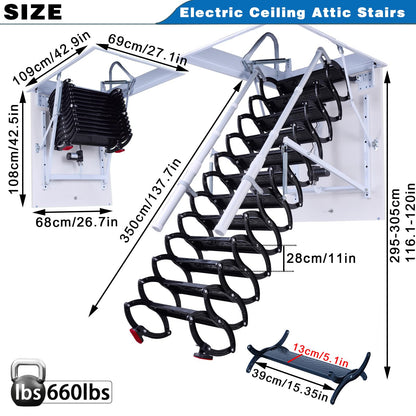 12 Steps Electric Attic Ceiling Ladder, Retractable Pull Down System Attic Stair, Invisible Folding Ceiling Loft Ladder with Telescoping Handrail, Extension Steps Staircase for Home (Black, Steps 12)
