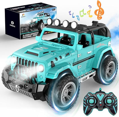 DEERC Remote Control Car with Fog Mist &amp Music 1:16 Remote Control Truck for Boys 2.4Ghz RC Car Toy with 2 Batteries All Terrain SUV Gifts Crawler with Trailer Hitch
