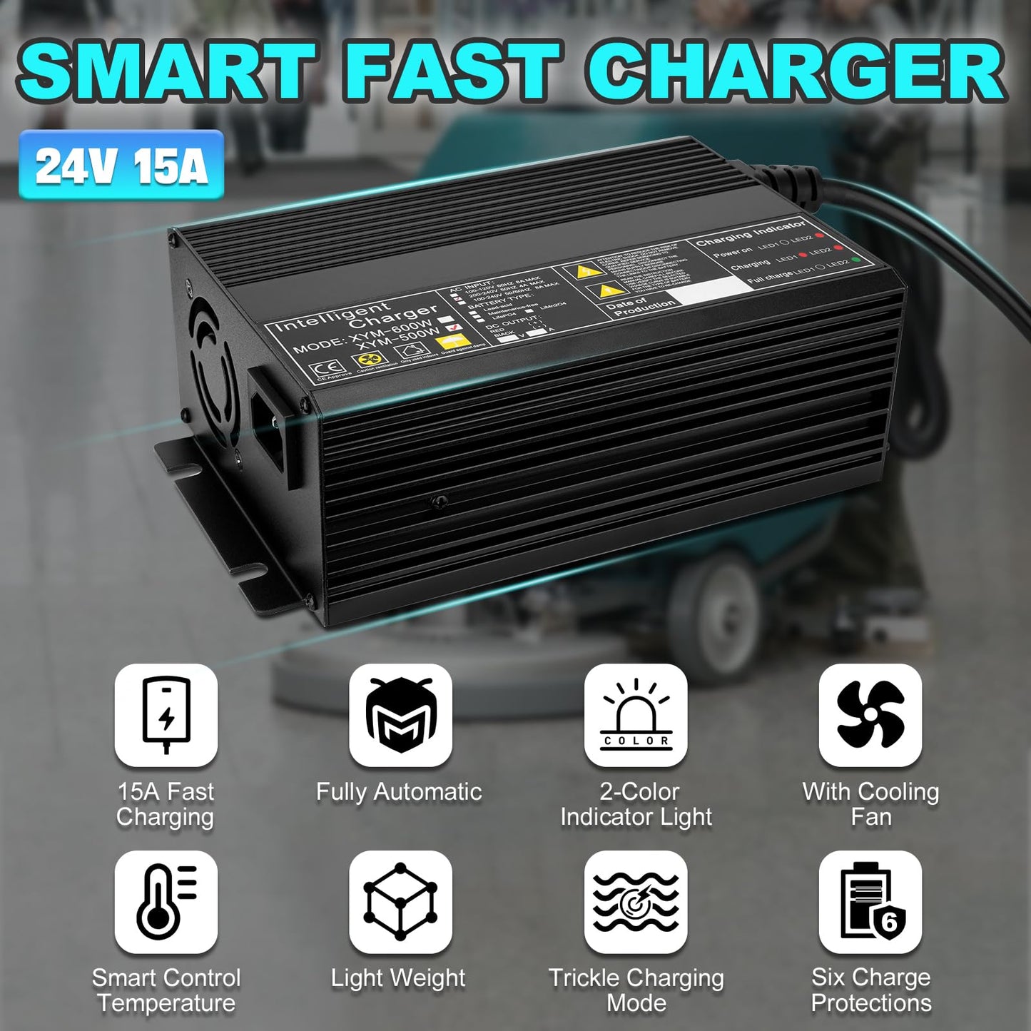 JURPLIX 24V 15A Battery Charger for 24V Floor Scrubber Sweepers with Anderson SB50 Style Connector Compatible with Tennant T3 T5 T7 T300, Nobles SS3 SS5, Clarke Focus II