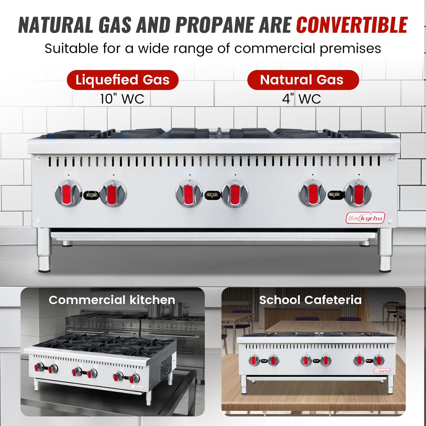 Backychu Commercial Gas Stove 6-Burner - 150,000 BTU Countertop Cooking Stove Range, Heavy-Duty Hot Plate, Stainless Steel Cooking Equipment for Restaurant, kitchens, Propane/Natural Gas