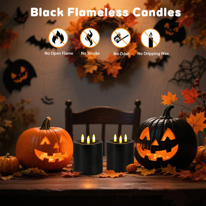 Large 3 Wick Flameless Candles, 4"x4" Flickering LED Candles with Remote & Timer, Dimmable Real Wax Electric Pillar Candles Battery Operated, Black Candles Light for Home Halloween Decor (Black)