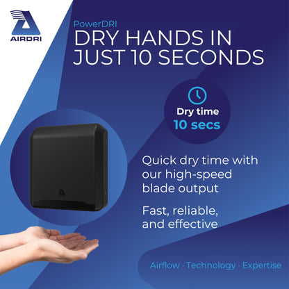 Airdri PowerDRI Automatic Hand Dryer - .8kW Low Energy Motor - 10-Second Dry Time - H13 HEPA Filter - 75dBA Noise Output - ADA Compliant - Ideal for High-Traffic Businesses and Venues - Black