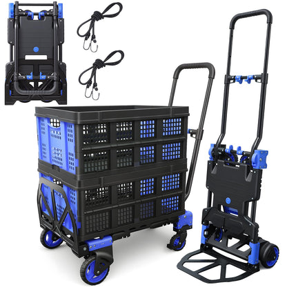 2 in 1 Folding Hand Truck with 2 Folding Basket,330lbs Capacity Heavy Duty Hand Truck,with Telescoping Handle and Rubber Wheels,Portable Dolly Cart with Bungee Cords for Moving,Travel,Shopping