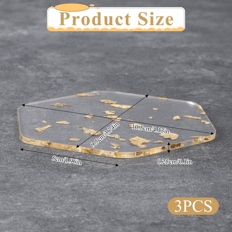 3 Pcs Acrylic Coaster for Desk Gold Foil Modern Drink Coasters for Coffee Table Non-Slip Transparent Waterproof Cup Mats for Table Countertop Desk Cold Hot Drink Home Decor (Hexagon)