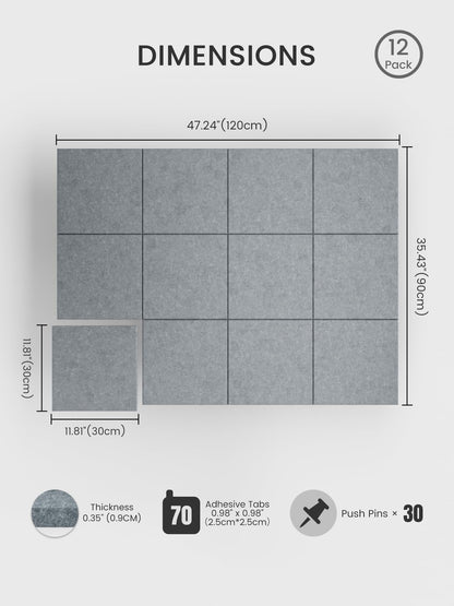 Bumusty Large Cork Board 48" x 36" Alternative - 12 Pack Felt Wall Tiles with 70 Safe Removable Adhesive Tabs, 30 Pushpins, Cork Boards for Walls Pin Board Bulletin Board Office Decor (Blue Gray)