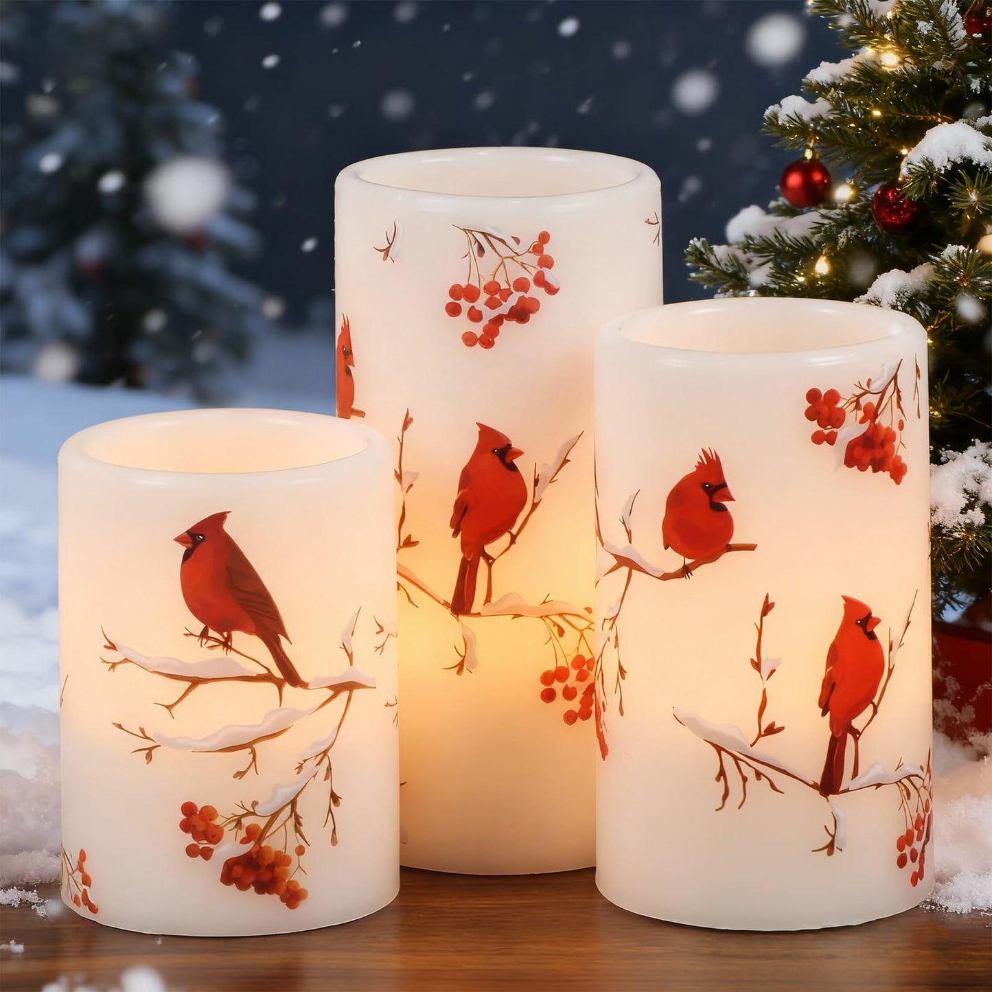 Lasumora Cardinal Theme Christmas Flameless Candles with 6H Timer, Real Wax LED Pillar Candles Flickering, Battery Operated Waxy Candles for Home Fireplace Christmas Décor, 3x4/5/6 inches
