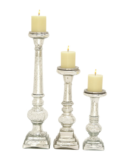 Deco 79 Glass Handmade Decorative Candle Holder Turned Style Pillar Candle Stand, Set of 3 Candlestick Holder 11", 15", 21"H, Silver