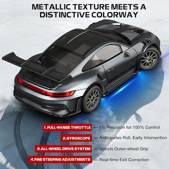 1/43 Scale RC Drift Car Mini 911 RC Model Car 2.4GHz 4WD RC Alloy Vehicles with Gyro &amp LED Lights for Adults Hobby Toys (Silver)