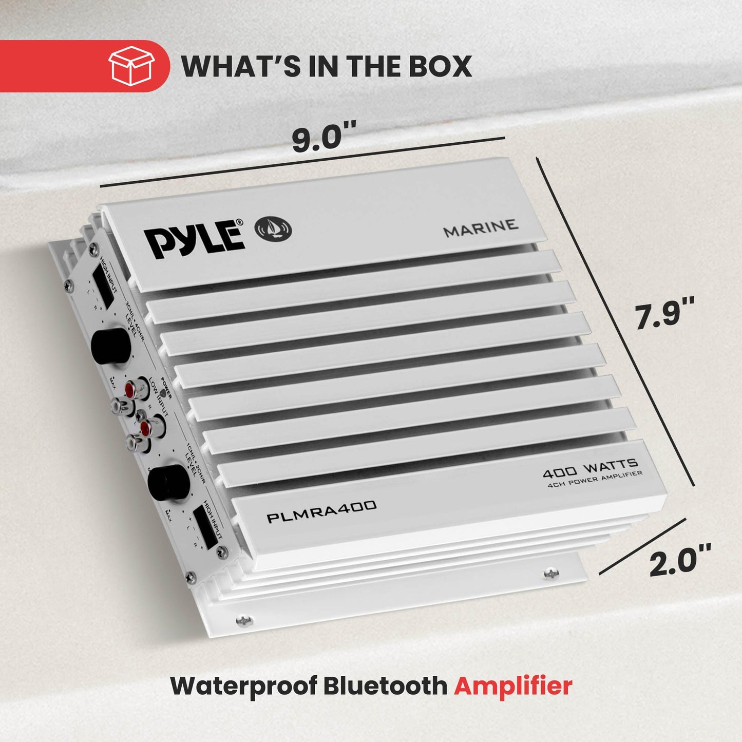 Pyle Hydra Marine Amplifier - Upgraded Elite Series 400 Watt 4 Channel Audio Amplifier, Waterproof, 12 volt, Dual MOSFET Power Supply, GAIN Level Controls, RCA Stereo Input & LED Indicator - PLMRA400