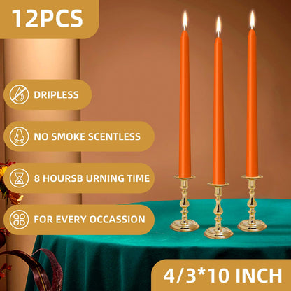 LYOBATH 12 Pack Orange Taper Candles - Taper Candles 10 Inch Dripless, Smokeless & Unscented - 8 Hours Long Burning - Ideal for Weddings, Dinner Parties, and Home Decor